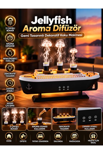 VEROXA Aroma Difüzör Gemi Tasarımlı 3 Çıkışlı Koku Makinesi Dekoratif Buhar Nemlendirici