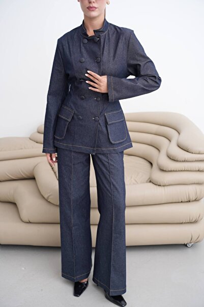 Julidress Button Detailed Blazer Jacket and Trousers Premium Denim Suit