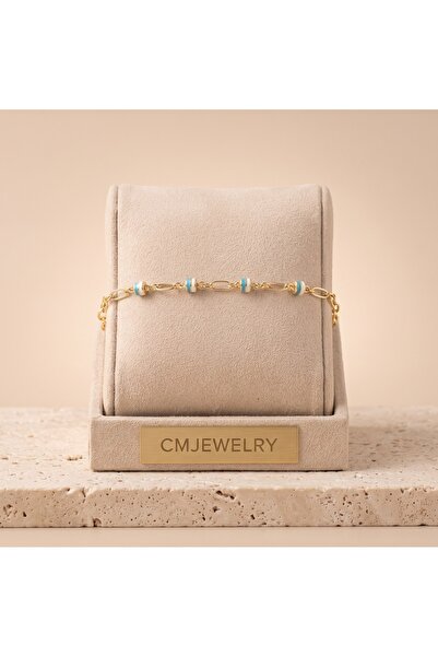CM Jewelry Vıp Seri 316L Çelik Gold Renk Turkuaz Mineli Silindir Boncuklu Bil...