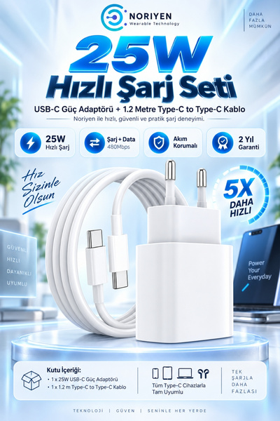 Noriyen Yeni Nesil 25W Hızlı Şarj Aleti USB-C Güç Adaptörü 1.2m Type-C to Typ...