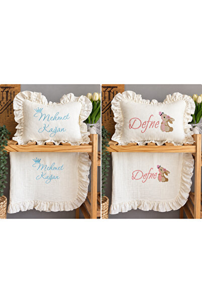 hobittubaby Müslin yastık kılıfı ve fırfırlı battaniye 2 li set