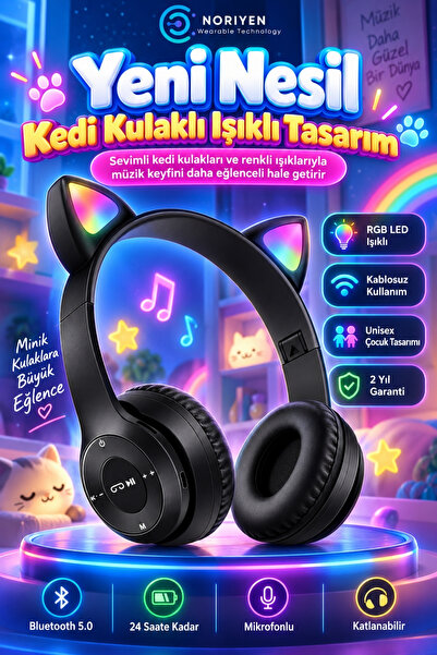 Noriyen Unisex Premium Kids Serisi Işıklı Kedi Kulaklık Kablosuz Bluetooth Ke...