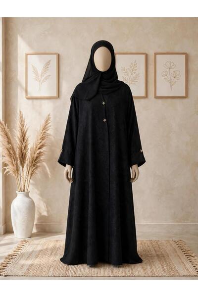 Musk Couture Luxury Black Textured Abaya with Gold Star Buttons & Matching Hijab