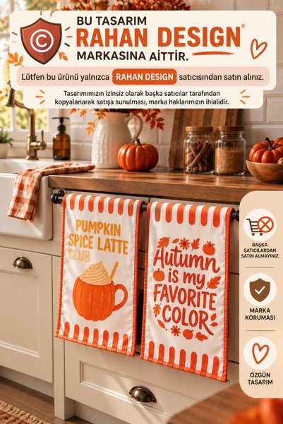 RahanDesign Set of 2 Autumn Themed Kitchen Towels – 30X50Cm - Pumpkin Spice Latte & Autumn Patterned Decorative Drying Cloths