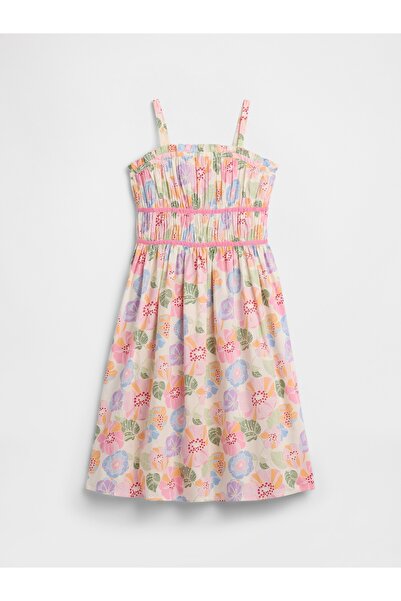 GAP Kız Çocuk Çok Renkli Baskılı Smocked Midi Elbise