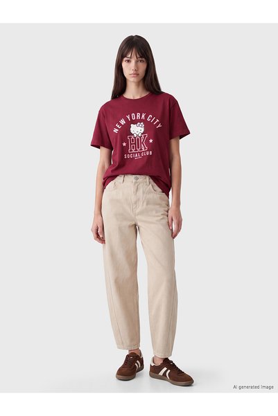 LC Waikiki Alita City Farkıyla Xside Burgundy Combed Cotton Printed Loose & Loose Short Sleeve Women's T-Shirt