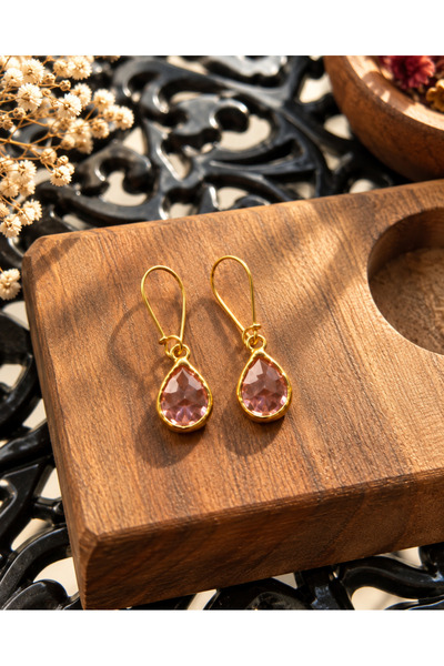 Trinkacollection Gold Çerçeveli Damla Taşlı Sallantılı Kadın Küpe – Pembe, La...