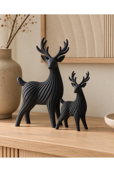 PL DİZAYN Japandi Geyik Biblo 2'li Set Çizgili Doku 12-10cm Ev Salon Ofis Raf...