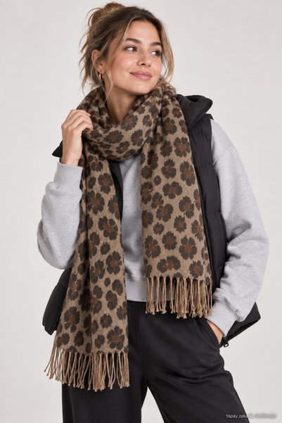 ZERAMİNE Premium Atkı Leopar Atkı Kadın Kışlık Püsküllü Atkı Yumuşak Dokulu Şal - Omuz Şalı Atkı 50x200