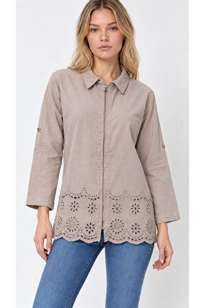 EtkiModa Women's Shirt Collar Brodered Front Zippered Gabardine Jacket