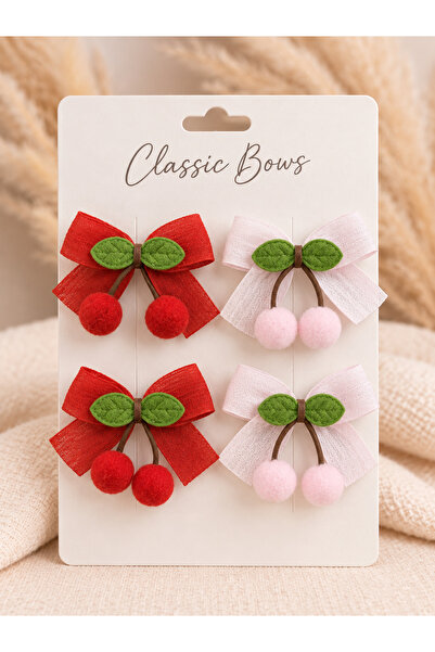 Laria Cherry Ribbon Bow Children's Hair Clip Set of 4 (Red & Pink)