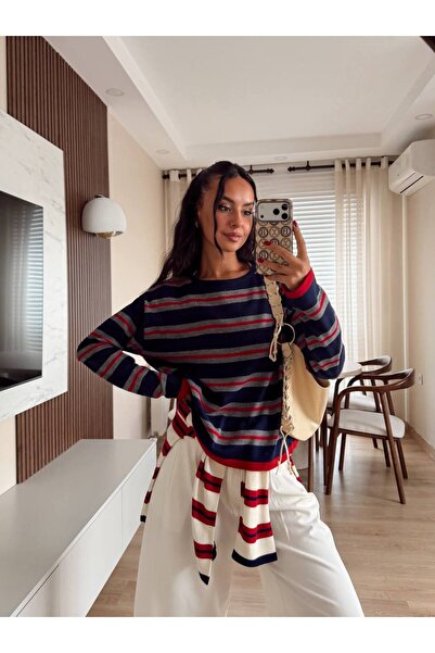 manana fashion Pulover subțire din tricot cu dungi multicolore și guler rotun...