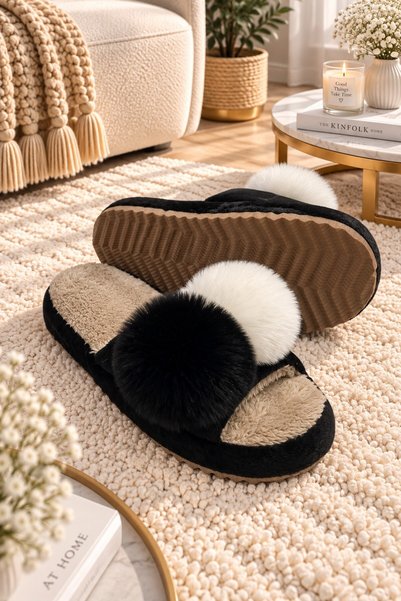 Moda Frato Double Pompon Model Women's House Slippers - Warm and Fluffy Slippers with Noiseless Soles