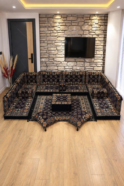FEYZA DECOR HOME Buhara Desenli 18 Parça Şark Köşesi Oturma ve Sedir Takımı