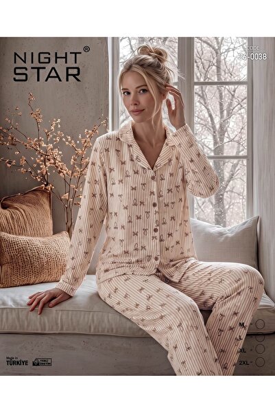 Night Star طقم بيجامة نوڤا كورديل منقوشة فائقة النعومة بأزرار