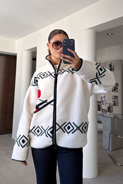 MAGARDE PREMİUM DESENLİ FERMUARLI POLAR HIRKA- KREM
