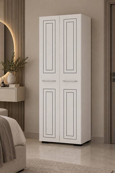 Dekortis Home Dekor DHDDLP1B DURU LAZER DESENLİ 2 KAPAKLI RAFLI GARDIROP BEYAZ