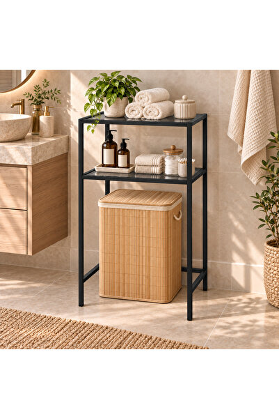 AVİBO HOME Nora Siyah Metal Füme Cam Çok Amaçlı Metal Banyo Rafı, Çamaşır Sep...