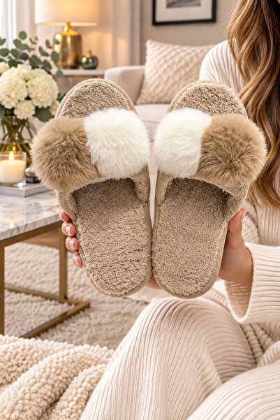 Moda Frato Γυναικείες παντόφλες για το σπίτι DOUBLE PONPOM - Ζεστές, αφράτες ...