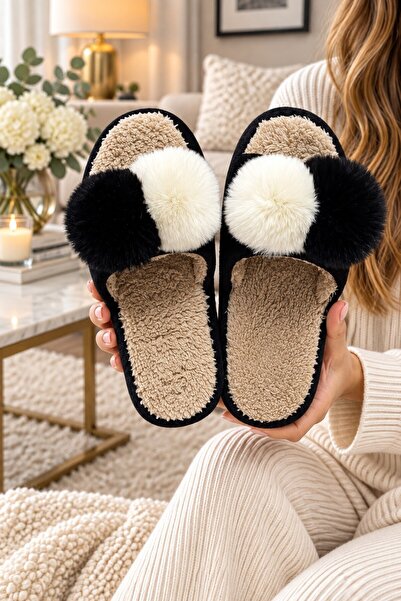 Moda Frato Γυναικείες παντόφλες για το σπίτι DOUBLE PONPOM - Ζεστές, αφράτες ...