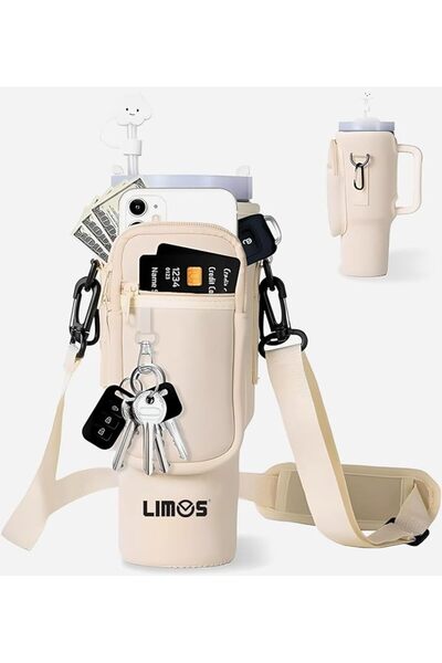 LIMOS حامل زجاجات المياه مع مقبض وجيب للهاتف المحمول وحزام كتف قابل للتعديل ل...