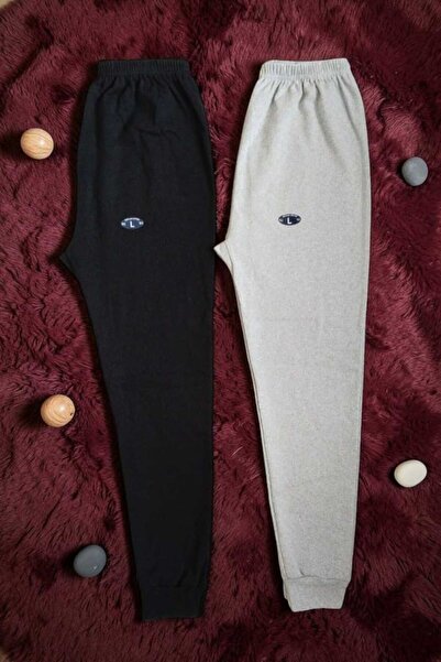 Unisex Kışlık Tayt Siyah Gri 2'li Paket Manşetli Paça Şardonlu Uzun Rahat