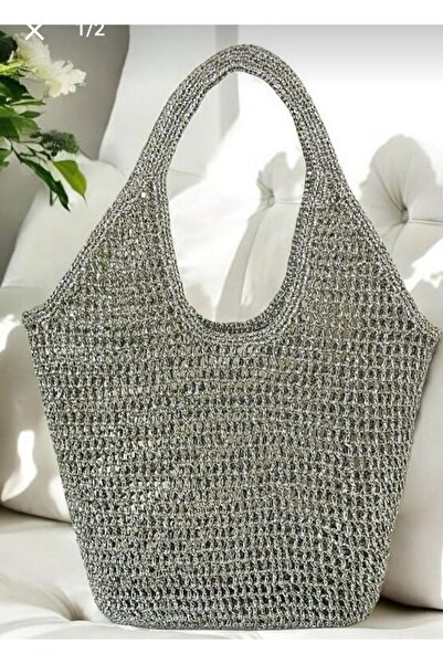MEGAHAN BOUTIQUE Megahan Handmade Mesh Knitted Shoulder Bag, Glittery/Shiny D...