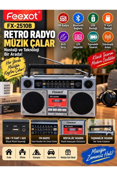 VEROXA 2510B Retro Radyo Bluetooth Hoparlör Fm Radyo USB Tf Kart Aux Taşınabi...