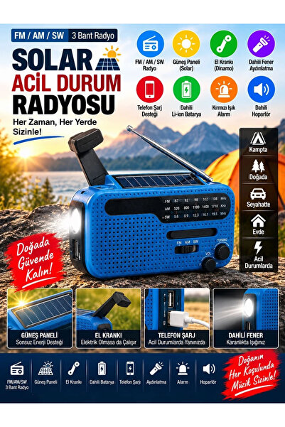 VEROXA Güneş Panelli Acil Durum Radyosu Fm Am Sw El Kranklı Şarjlı Fener USB ...
