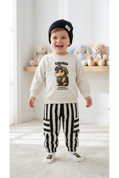 Asila Baby Capybara Printed Sweatshirt, Striped Oversize Pants with Pocket Detail, Printed Socks and Beret, 4-Piece Baby Boy Set