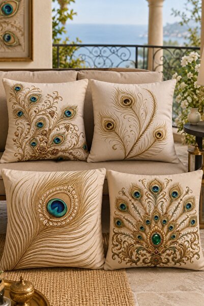 EVPANYA Peacock Feather Patterned 4-Piece Throw Pillow Cover Set