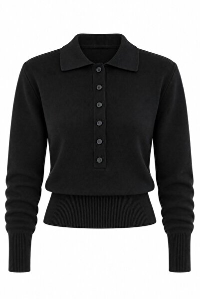 Laluvia Schwarzer Strickpullover mit Polokragen und Knöpfen - 261121