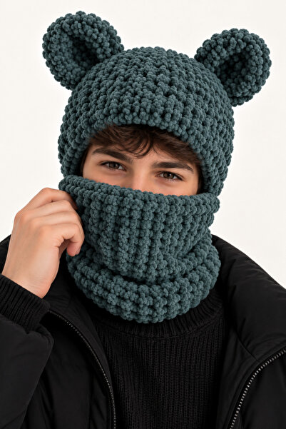 NEHOLİA Men's Puffy Balaklava with Ears Knitted Hood Neck Collar Pearl Grey W...