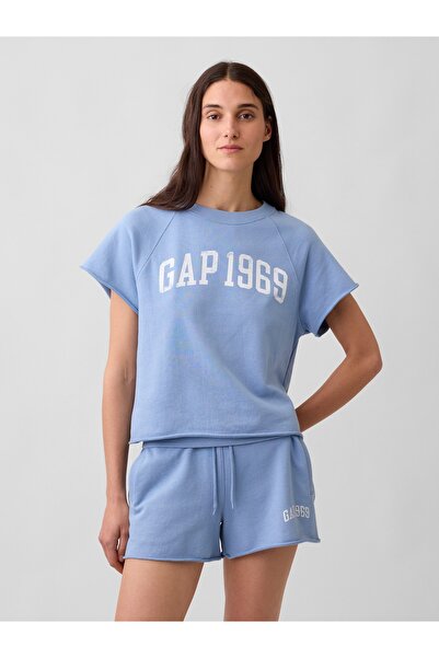 GAP Kadın Açık Mavi Relaxed Fransız Havlu Kumaş Grafik Baskılı T-Shirt