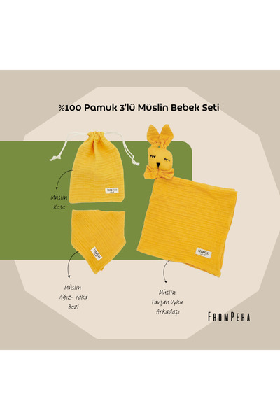 %100 Pamuk 3'lü Müslin Bebek Hediye Seti | Tavşan Uyku Arkadaşı, Ağız-Yaka Bezi & Mini Kese | Oeko-Tex®
