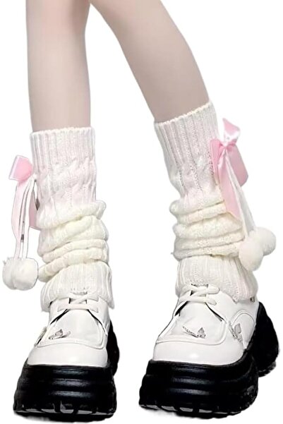 GENERAL Cute White Leg Warmers for Girls, Cute Bow & Furball Design Soft Knit...