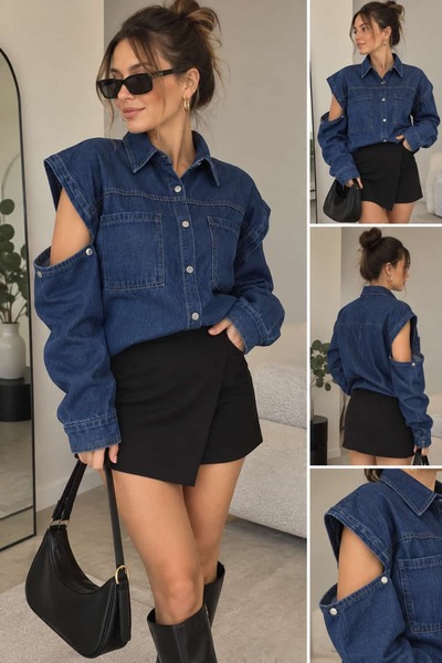Kadın Kot Gömlek Omuz Dekolteli Düğmeli Oversıze Denim