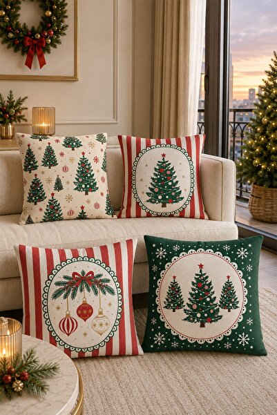 EVPANYA Christmas Tree Themed Patterned 4-Piece Throw Pillow Cover Set
