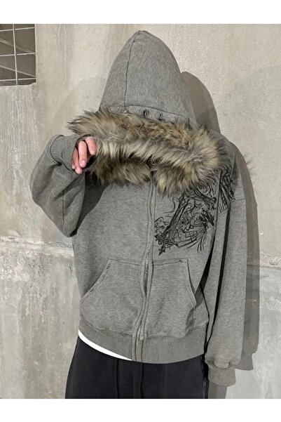 Köstebek Kürk Yakalı Gri Melanj Skullhead Kapüşonlu Sweatshirt