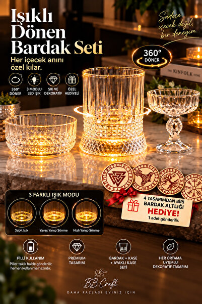 BB Craft Işıklı Dönen Bardak Seti 360° LED Dekoratif Bardak + Kase + Ayaklı K...