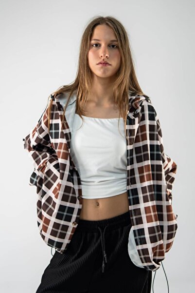Gerusta Women's Brown Plaid Patterned Hooded Shirt Grs1179