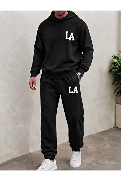LELVANİ Unisex Black/White La Text Printed Top and Bottom Hooded Tracksuit Set