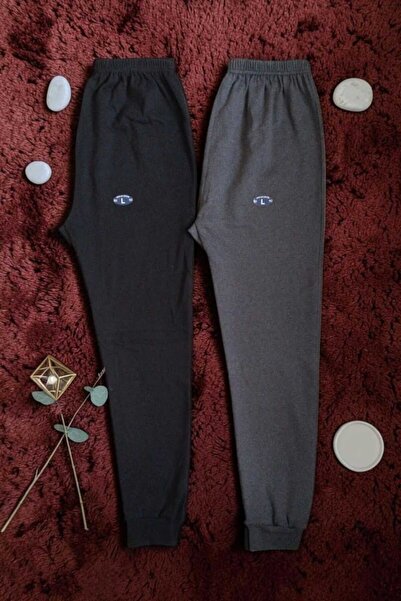 Unisex Kışlık Tayt Siyah Füme 2'li Paket Manşetli Paça Şardonlu Uzun Rahat