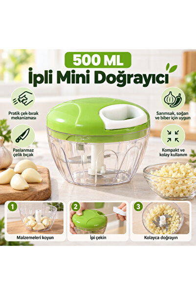 Coverzone 500ml Manual Chopper with String, Mini Rondo with Stainless Steel B...
