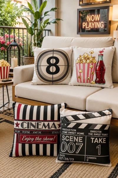 EVPANYA Cinema Icons Patterned 4-Piece Throw Pillow Cover Set