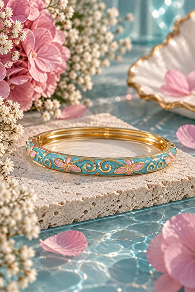Sylvera Shop Spring Floral Blue & Pink Enamel Thin Cuff Bracelet (Gold Color)