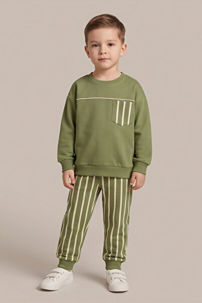 Erkek Çocuk Yeşil Çizgili Sweatshirt ve Eşofman Takımı