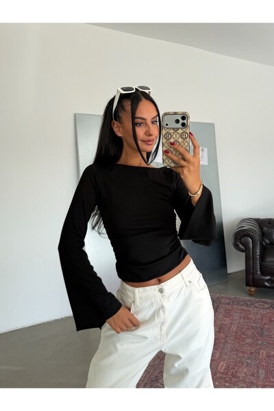 myd Side Gathered Boat Neck Long Sleeve Blouse - Black
