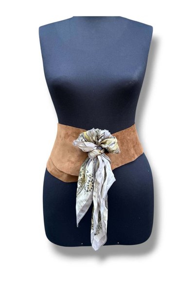 Yılday Gür Butik Marisol Scarf Detailed Tan Nubuck Belt |   Asymmetrical Women's Corset Belt - Standard Size
