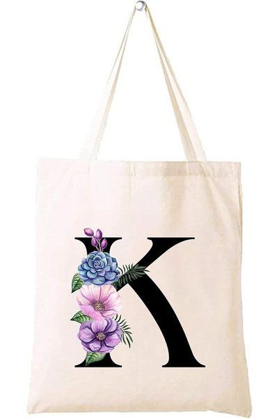 PRINTSHOP4ME Eco-Friendly Canvas Cotton Tote Bag with Floral Design on Initia...